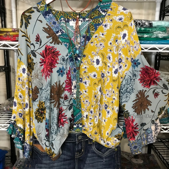 Sold Out UMGEE New Floral Patchwork Surplice Top - Picture 2 of 4